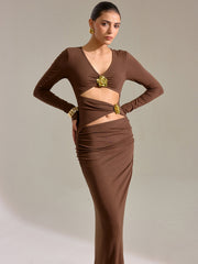 Metal Detail Long Sleeve Cut-Out Maxi Dress