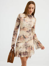 Tie-Dye Print Flared Sleeve Ruched Mini Dress