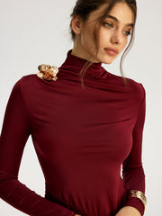 Metal Flower Slit Ruched Mock Neck Maxi Dress