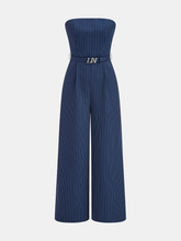Transparent Strap Belted Pinstripe Jumpsuit