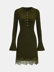 Wool Blend Lace Hem Metal Button Mini Dress