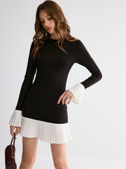 Pleated Contrast Flared Sleeve Dress