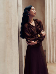Tie-Neck Ruched Chiffon Maxi Dress