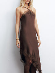 Lace Trim Satin Asymmetric Backless Midi Dress