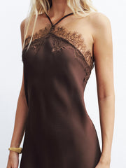 Lace Trim Satin Asymmetric Backless Midi Dress