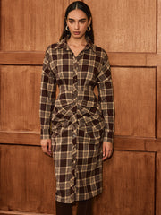 Ruched Button-Front Plaid Shirt Dress