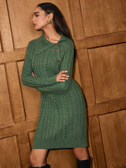 Asymmetric Collar Cable-Knit Sweater Dress