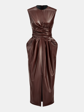 Sleeveless Slit PU Leather Draped Midi Dress
