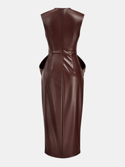 Sleeveless Slit PU Leather Draped Midi Dress