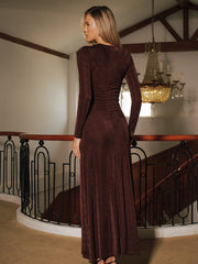 Metal Detail Long-Sleeve Ruched Maxi Dress
