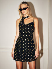 Foil Spot Print Tie Detail Mini Dress