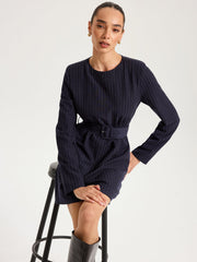 Long Sleeve Pinstripe Belted Mini Dress