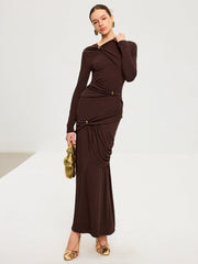Metal Detail Long Sleeve Draped Maxi Dress