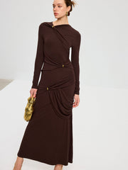 Metal Detail Long Sleeve Draped Maxi Dress