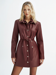Double-Collar PU Leather Shirt Dress