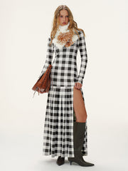 Plaid Turtleneck Long Sleeve Slit Maxi Dress