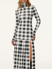 Plaid Turtleneck Long Sleeve Slit Maxi Dress
