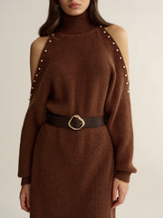 Belted Cold-Shoulder Turtleneck Knit Dress