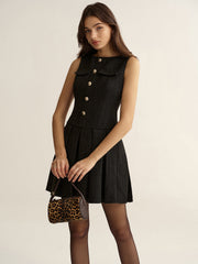 Metal Detail Tweed Pleated Mini Dress