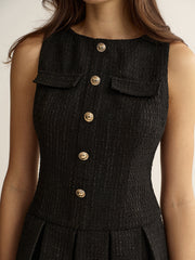 Metal Detail Tweed Pleated Mini Dress