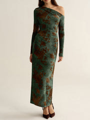 Floral Jacquard One-Shoulder Maxi Dress