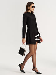 Contrast Bow Slit Mock Neck Mini Dress