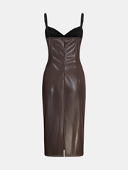 Faux Leather Sweetheart Neckline Slip Midi Dress