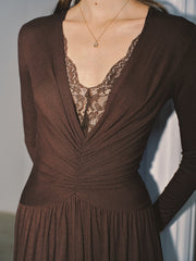 Lace V-Neck Ruched Maxi Dress