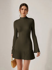 Pleated Hem Mock Neck Mini Dress