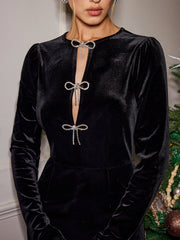 Velvet Long Sleeve Rhinestone Bow Dress