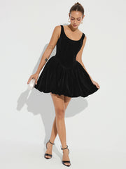 Bubble Hem Velvet Strappy Mini Dress