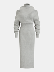 Off-Shoulder Waist-Defined Rib-Knit Midi Dress