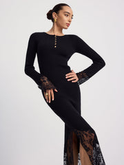 Lace-Trimmed Ribbed Knit Midi Dress