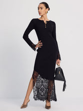 Lace-Trimmed Ribbed Knit Midi Dress