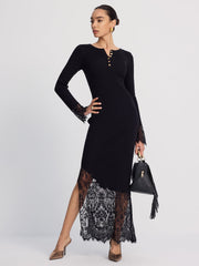 Lace-Trimmed Ribbed Knit Midi Dress