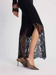 Lace-Trimmed Ribbed Knit Midi Dress