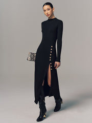 Side Button Slit Rib-Knit Maxi Dress
