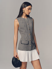 Houndstooth Sleeveless Pleated Hem Mini Dress