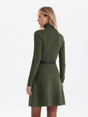 Belted Ribbed Turtleneck Knit Mini Dress