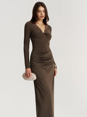 Twisted Lace V-Neck Ruched Maxi Dress