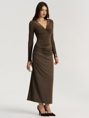 Twisted Lace V-Neck Ruched Maxi Dress