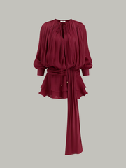 Semi-Sheer Tiered Draped Tie-Waist Mini Dress
