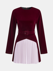 Pleated Panel Velvet Mini Dress with Belt
