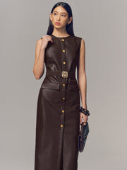 Belted Metal Button Faux Leather Sleeveless Maxi Dress
