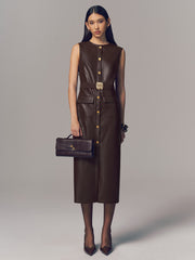 Belted Metal Button Faux Leather Sleeveless Maxi Dress