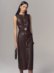Belted Metal Button Faux Leather Sleeveless Maxi Dress