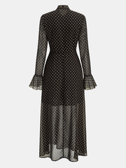 Polka Dot Chiffon Tie-Neck Flared Cuff Maxi Dress