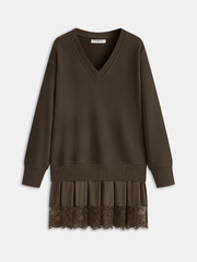 Pleated Hem Lace-Trimmed Sweatshirt Dress