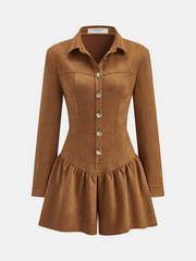Suede Long-Sleeve Button-Front Jumpsuit