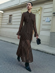 Polka Dot Chiffon Tie-Neck Flared Cuff Maxi Dress